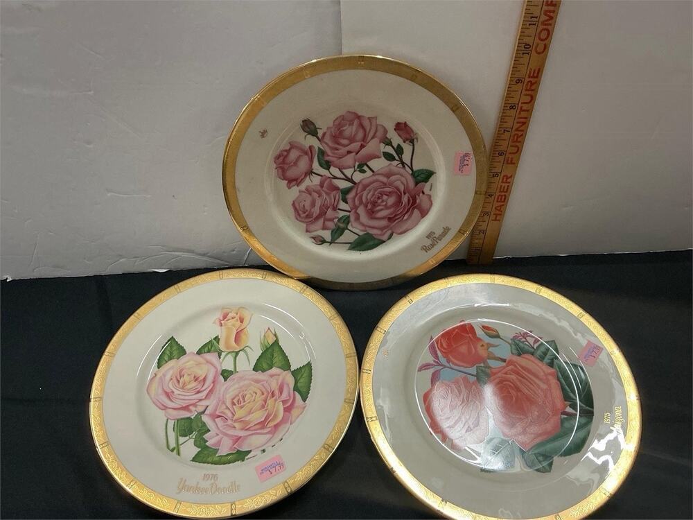 3 Gorham Fine China Plates - 1970s All-America Rose Selection VTG Dishes Gilded